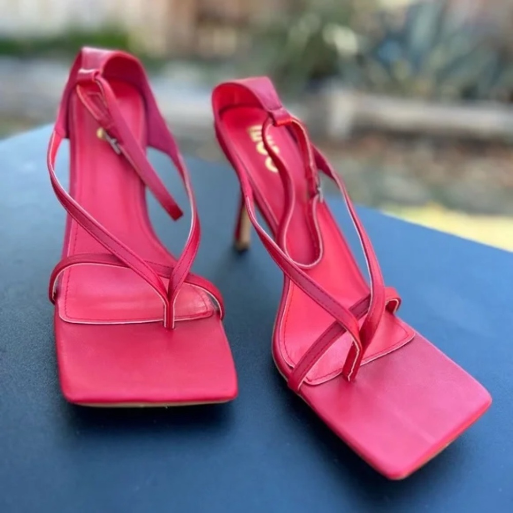 EGO Women's Eve Square Toe Strappy Heel Red Faux Leather